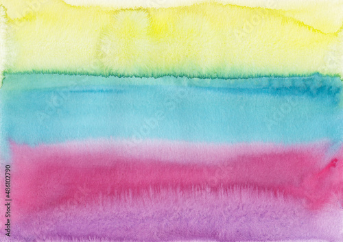 Watercolor colorful striped background texture. Yellow, blue, pink stains on paper, hand painted.