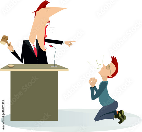 Judge court, judge and convicted person illustration.
Angry judge announces the sentence to a kneeling offender isolated on white background
