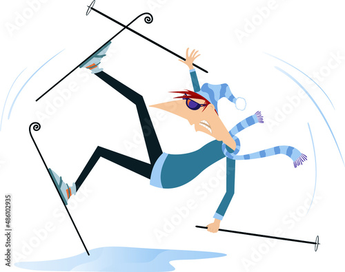 Falling skier man illustration. 
Cartoon falling skier man in sunglasses isolated on white
