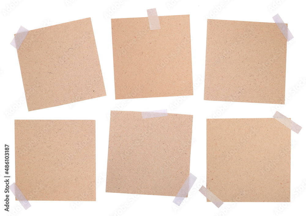 Collection of vintage kraft paper sheets with sticky tape. Set of square paper notes isolated on white background. Mockup for design. Blank templates. 
