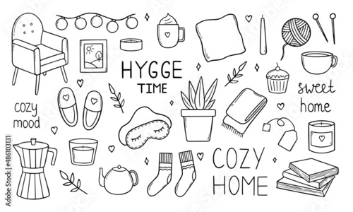 Hand drawn set of home hygge doodles. Coziness and comfortable lifestyle, cozy home. Cushion, house plant, mask for sleep, socks in sketch style. Vector illustration isolated on white background.