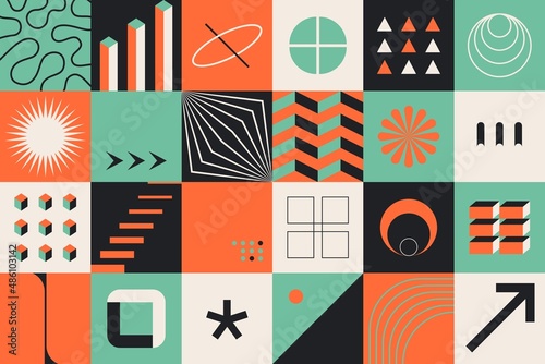 Minimal geometric background. Simple minimalist bold neo geo forms for poster, brutalist shapes swiss style. Vector design