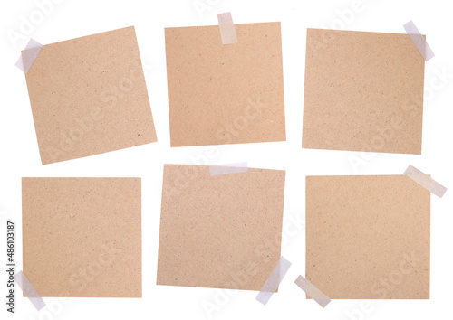 Collection of vintage kraft paper sheets with sticky tape. Set of square paper notes isolated on white background. Mockup for design. Blank templates. 
