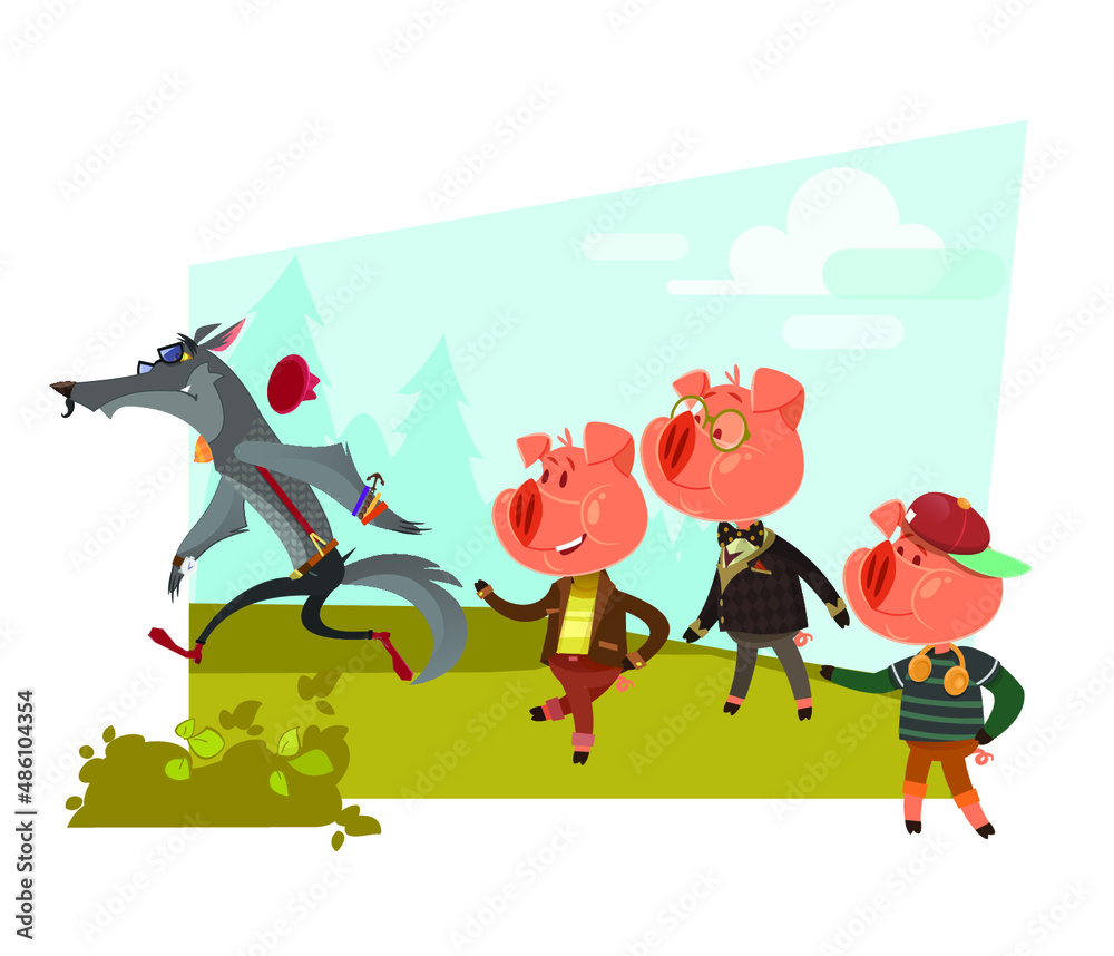 Three pigs. Old fairy tales in a new way. Three little pigs and a gray wolf. Episode 6