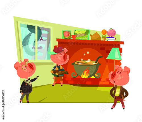 Three pigs. Old fairy tales in a new way. Three little pigs and a gray wolf. Episode 4