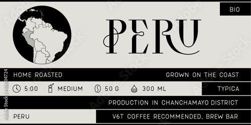 Coffee, minimal label. Set of modern coffee tag, label for brand, logo, sticker coffee shop. Template design minimal label, tag with text modern font Peru. Typographic tag. Vector Illustration