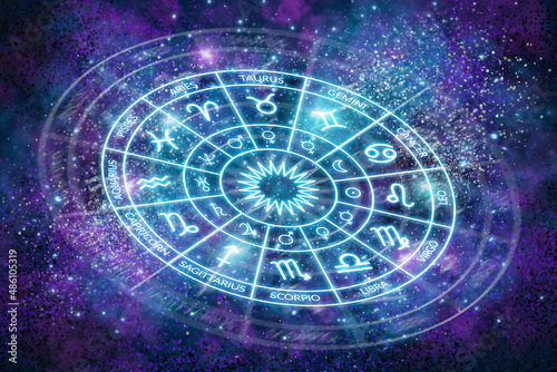 Zodiac circle on the background of the dark cosmos. Astrology. The science of stars and planets. Secret Esoteric Science