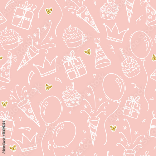 Fun hand drawn party seamless background with cakes, gift boxes, balloons and party decoration. Great for birthday parties, textiles, banners, wallpapers, wrapping - vector design