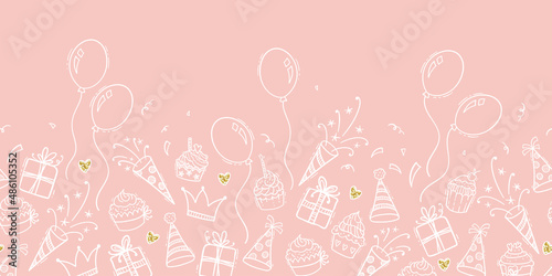 Fun hand drawn party seamless background with cakes, gift boxes, balloons and party decoration. Great for birthday parties, textiles, banners, wallpapers, wrapping - vector design