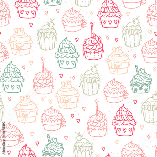 Cute hand drawn cupcakes seamless pattern, sweet background, great for textiles, banners, wallpapers, wrapping - vector design