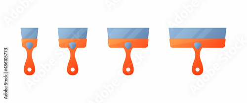 Vector illustration different size putty knifes isolated on white background. Set of wall worker trowel vector icons in flat cartoon style. Construction and scratcher tool. Spatula for finishing work.
