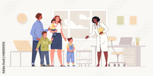 Family doctor appointment. Pediatrician meets parents with kids in office. Concept of medicine, health check, child care. Flat vector illustration.
