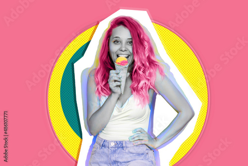 A young excited smiling blonde woman with pink wavy hair eats fruit ice-cream sorbet in a waffle cone on abstract color background. Trendy collage in magazine style. Contemporary art. Modern design