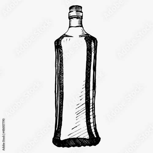 Classic Whiskey Bottle Sombrero On Top . Design Beautiful Stylish Glass Bottle With Blank Label For National Mexico Alcohol Drink. Package With Traditional Hat Cap Mockup Cartoon Illustration.