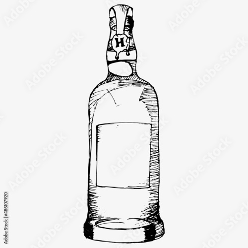 Classic Whiskey Bottle Sombrero On Top . Design Beautiful Stylish Glass Bottle With Blank Label For National Mexico Alcohol Drink. Package With Traditional Hat Cap Mockup Cartoon Illustration.
