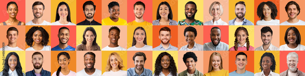 Fototapeta premium Collage of cheerful happy millennial diverse men and women look at camera on colorful backgrounds