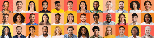 Collage of cheerful happy millennial diverse men and women look at camera on colorful backgrounds