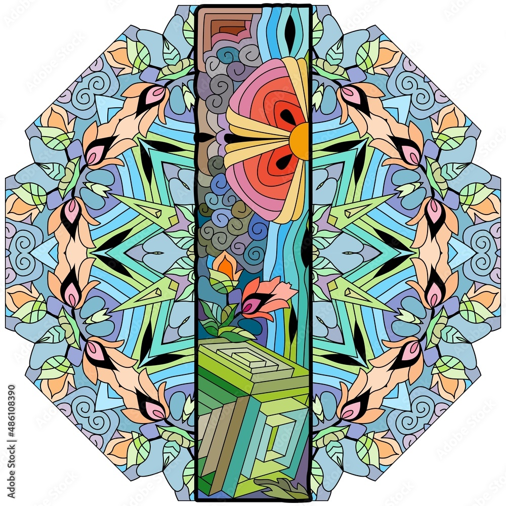 Obraz premium Letter I monogram, engraving design on mandala. Vector illustration.
