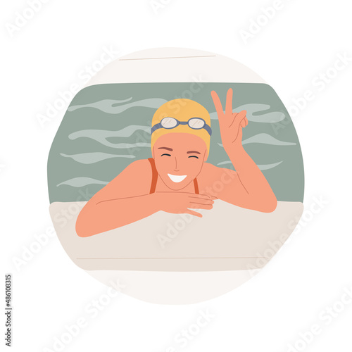 Swimming abstract concept vector illustration. Beautiful teenage girl in goggles resting at border of swimming pool, active lifestyle, indoor sport, physical activity abstract metaphor.