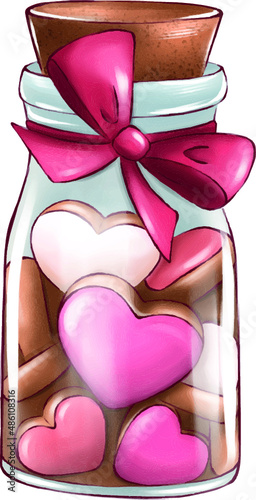 bottle, cookie hearts, valentine's day, drawing, sticker, holiday, gift, cookies, holiday, illustration, february, packaging with cookies, sweet