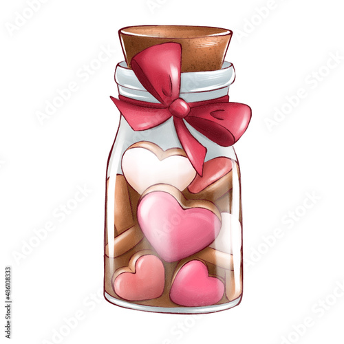 bottle, cookie hearts, valentine's day, drawing, sticker, holiday, gift, cookies, holiday, illustration, february, packaging with cookies, sweet