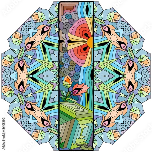 Letter I monogram, engraving design on mandala. Vector illustration.