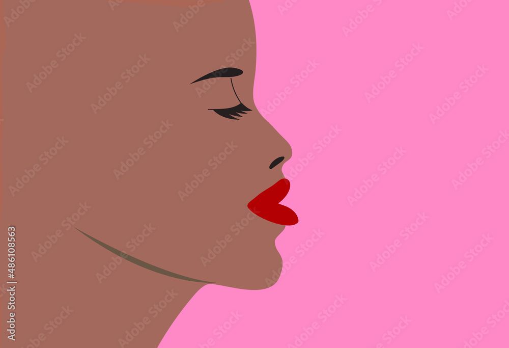 Profile face of a young pretty african american woman with closed eyes and half open mouth and red lips. Isolated on pink background. Side view illustration with copy space.