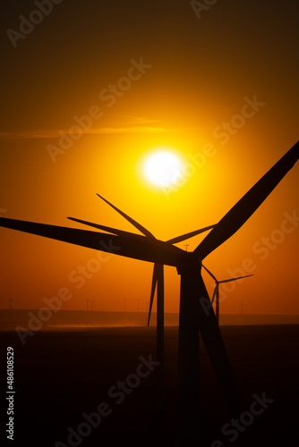 Sunset over an eolian wind farm with amazing sky color. Alternative eco energy good for the environment. Renewable energy industry.