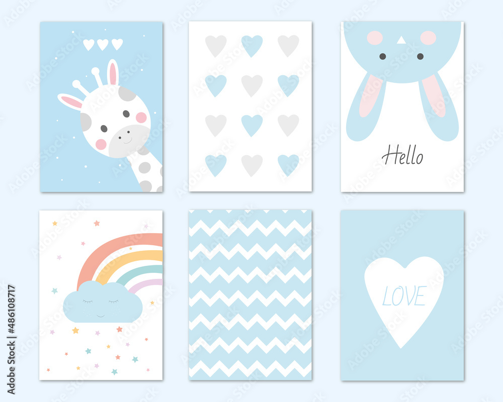 baby shower card / blue printable set / little boy / posters /  newborn / rainbow / bunny / rabbit