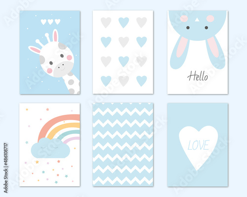 baby shower card / blue printable set / little boy / posters /  newborn / rainbow / bunny / rabbit