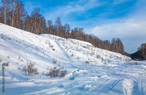 Winter landscape with birch trees on the mountain bank of the river, snow and blue sky with clouds © Александр Коликов