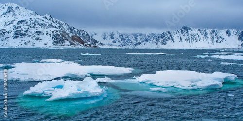 Drift floating Ice and Snowcapped Mountains, Iceberg, Ice Floes, Albert I Land, Arctic, Spitsbergen, Svalbard, Norway, Europe
