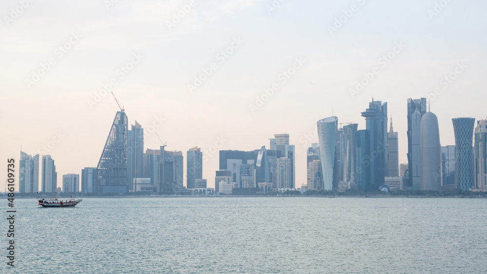 The skyline of Doha city center during evening, Qatar