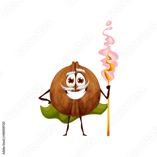 Funny walnut wizard character, vector unpeeled magician nut with magic staff. Cartoon wiz with mustaches making spell. Smiling sorcerer in cape, healthy product, fascinator personage, vitamin conjurer