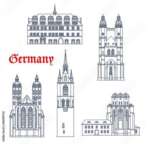 Germany architecture buildings, cathedrals and churches of Halle and Naumburg, vector. German travel landmarks Saale rathaus, Halle Dom cathedral and Marktkirche church in Sachsen Anhalt