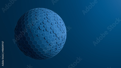 Technological geometric background of a blue sphere and various hexagons.3d illustration