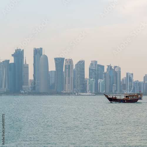 The skyline of Doha city center during evening, Qatar