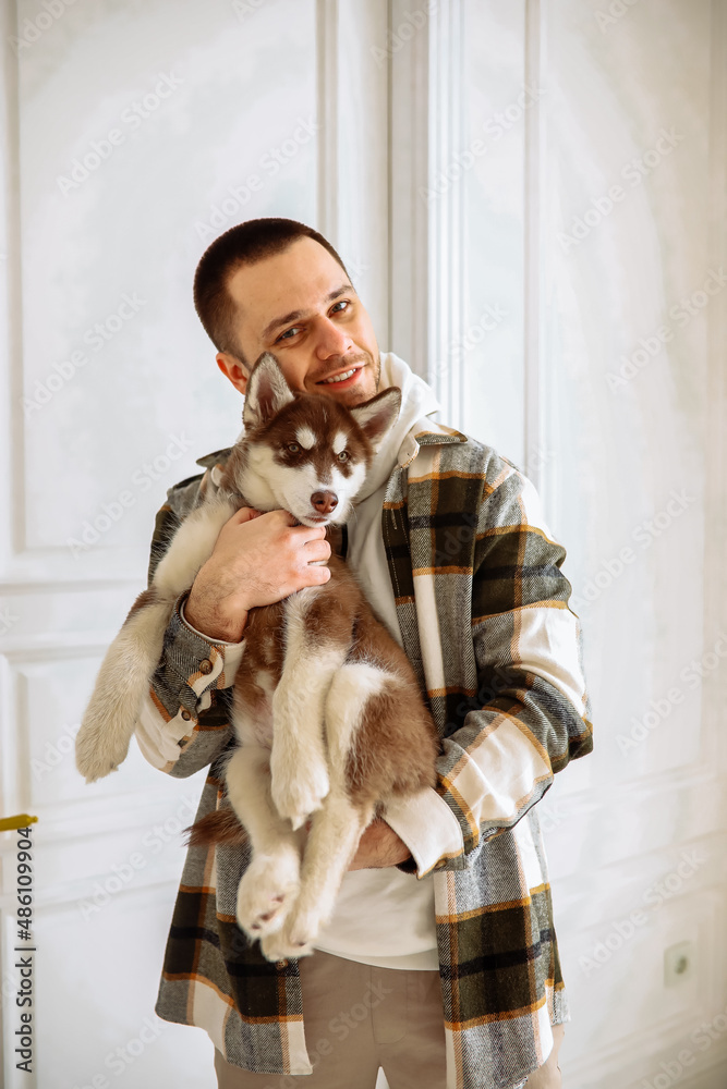 Obraz premium a young Caucasian man with dark hair in a plaid shirt plays with siberian husky dogs. The guy owner holding a husky puppy in a white room