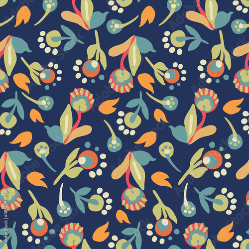 Vector seamless colorful pattern design of abstract stylised flowers in bright colors on blue