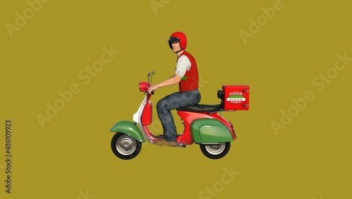 3D deliverer rides pitsa on moped , animation, transparent background photo
