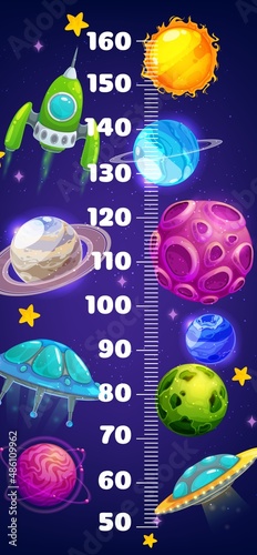Kids height chart with galaxy space planets and spacecrafts. Growth measure meter with shuttles and ufo saucers in fantasy universe. Cartoon wall sticker with cosmos, scale and spaceships