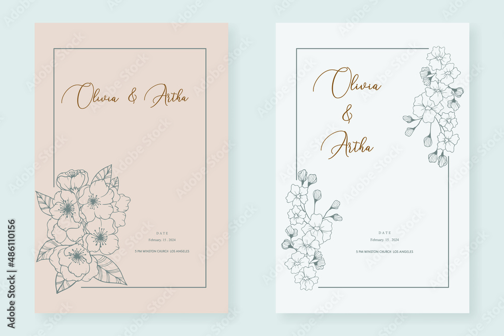continuous lines flower flora logo wedding greeting card bride and groom invitation card vector illustration