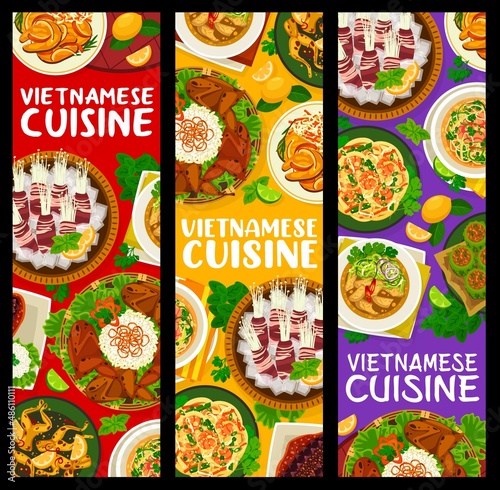 Vietnamese cuisine meals vertical banners. Bacon wrapped enoki, seafood udon noodles and grilled quails, fried fish with rice, stuffed bitter melon and stir fried frog legs, shrimp and beef soups