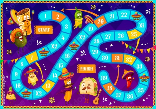 Cartoon mexican food characters on kids board game. Jalapeno, avocado, churros, nachos and tacos personage. Kids roll and move game, child playing activity vector page with mexican cuisine funny meals