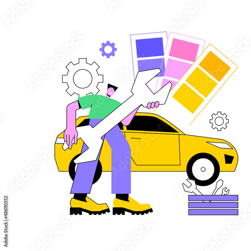 Car tuning abstract concept vector illustration. Racing car turbo tuning, auto body shop, vehicle music upgrade, automobile style and design, sports car repair service abstract metaphor.
