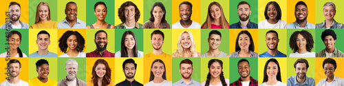 Headshots of smiling diverse mature and young guys and ladies on green and yellow backgrounds, panorama