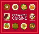 Vietnamese cuisine menu with vector frame of Asian dishes. Meat and seafood soup pho and udon noodles with beef, shrimps and vegetables, fish rice, bacon wrapped mushrooms and fried frog legs