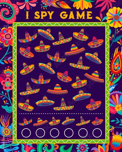I spy game to count Mexican sombrero hats, math game worksheet, vector kids quiz. I spy puzzle or riddle for children to find and count Mexican sombrero, educational quiz game