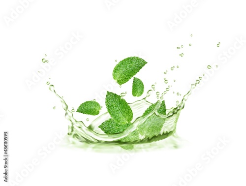 Crown herbal tea splash with mint leaves and water wave, menthol peppermint, matcha tea drink. Vector design of organic drink with green water corona, leaves and splatters. 3d ads of natural beverage photo