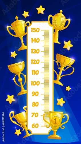 Kids height chart ruler with golden trophy cups and prizes. Children height scale sticker, child growth measure meter vector ruler with sport competition first place victory awards